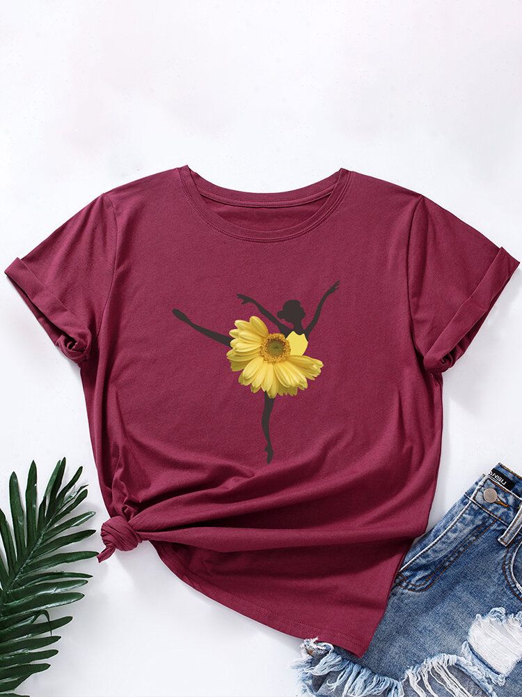 Mehrfarbiges Kurzarm-t-shirt Mit O-ausschnitt Und Blumen-tänzerin Für Damen