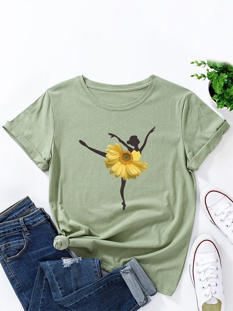 Mehrfarbiges Kurzarm-t-shirt Mit O-ausschnitt Und Blumen-tänzerin Für Damen