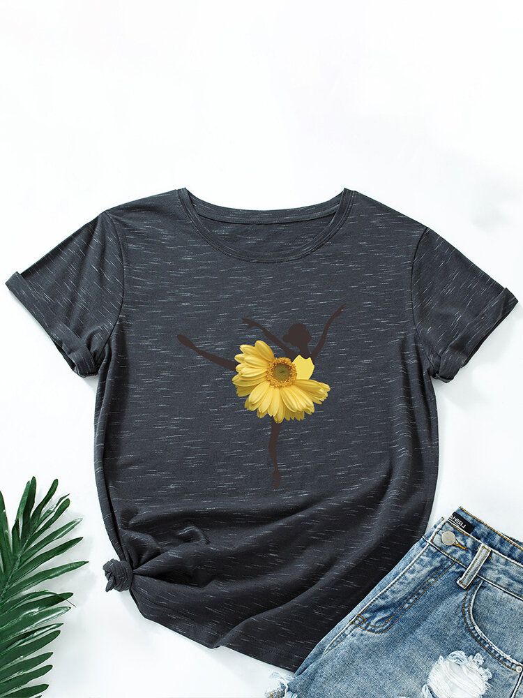 Mehrfarbiges Kurzarm-t-shirt Mit O-ausschnitt Und Blumen-tänzerin Für Damen