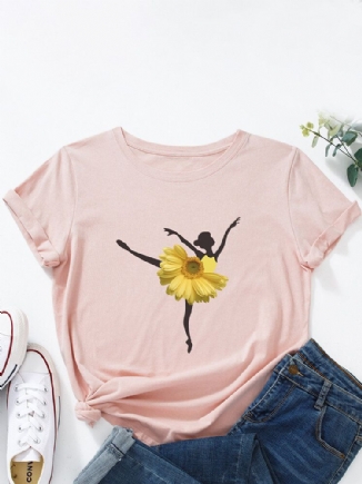 Mehrfarbiges Kurzarm-t-shirt Mit O-ausschnitt Und Blumen-tänzerin Für Damen