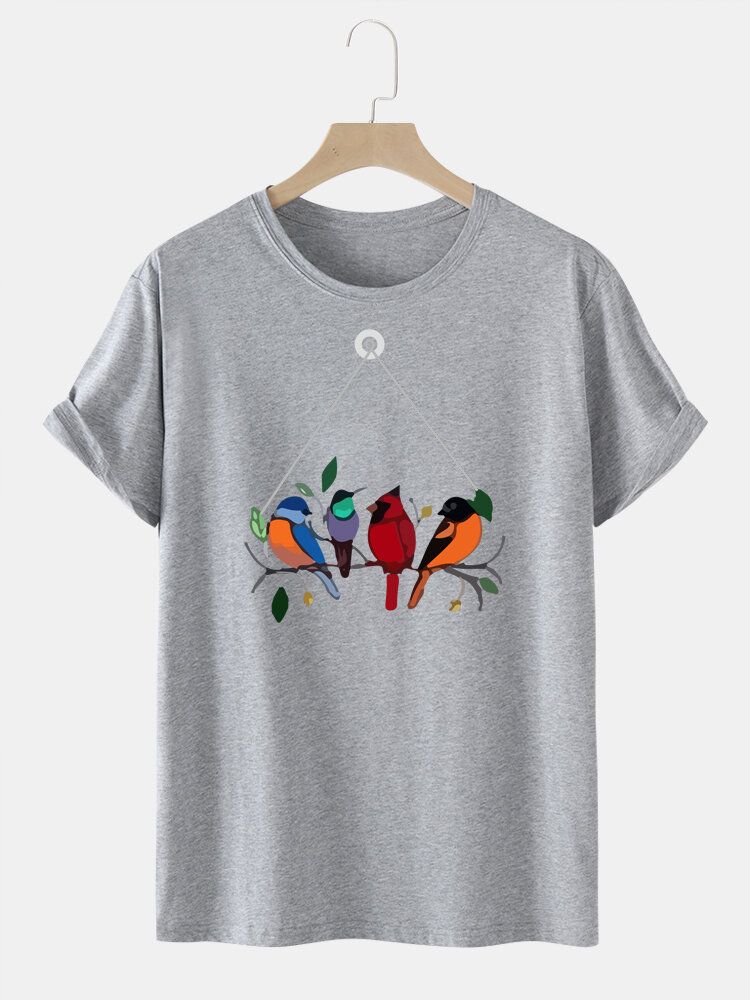 Rundhals-t-shirt Aus 100 % Baumwolle Mit Farbenfrohem Vogeldruck