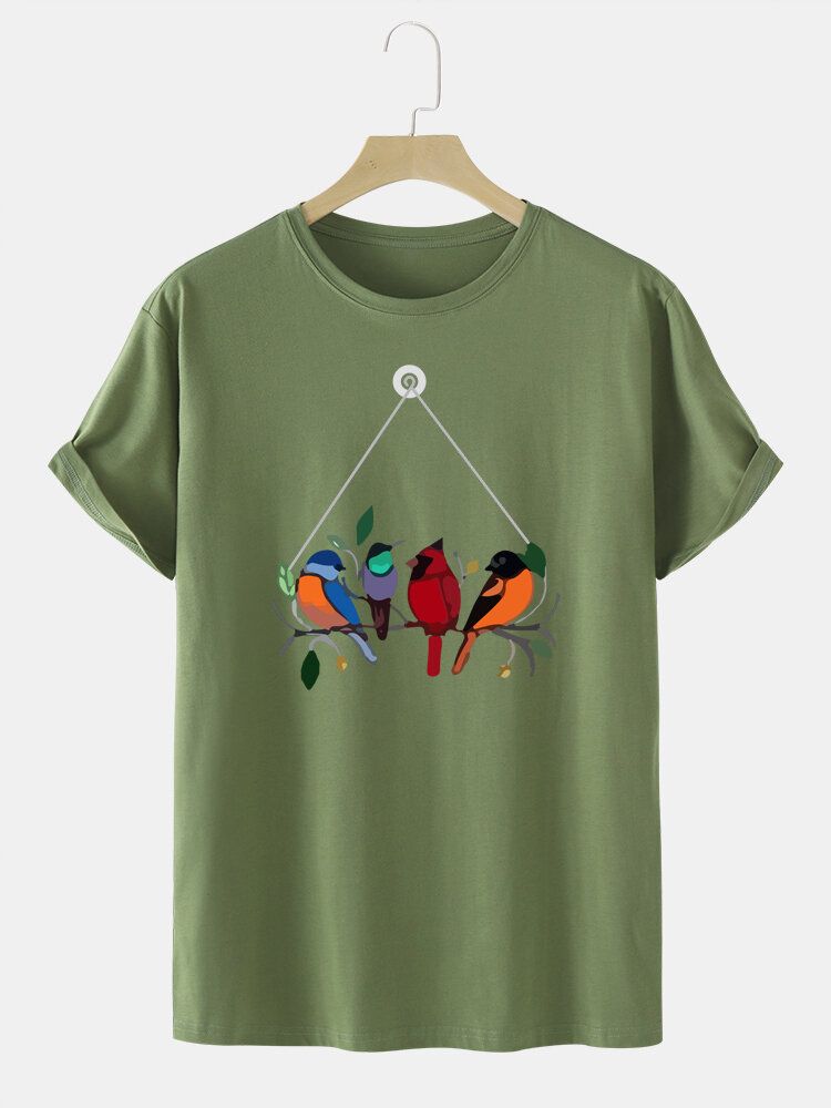 Rundhals-t-shirt Aus 100 % Baumwolle Mit Farbenfrohem Vogeldruck