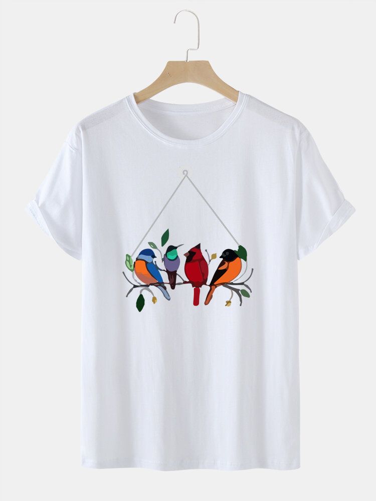 Rundhals-t-shirt Aus 100 % Baumwolle Mit Farbenfrohem Vogeldruck