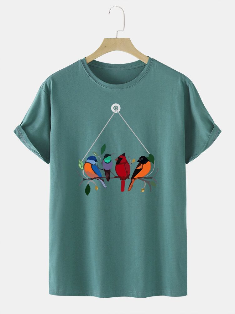 Rundhals-t-shirt Aus 100 % Baumwolle Mit Farbenfrohem Vogeldruck