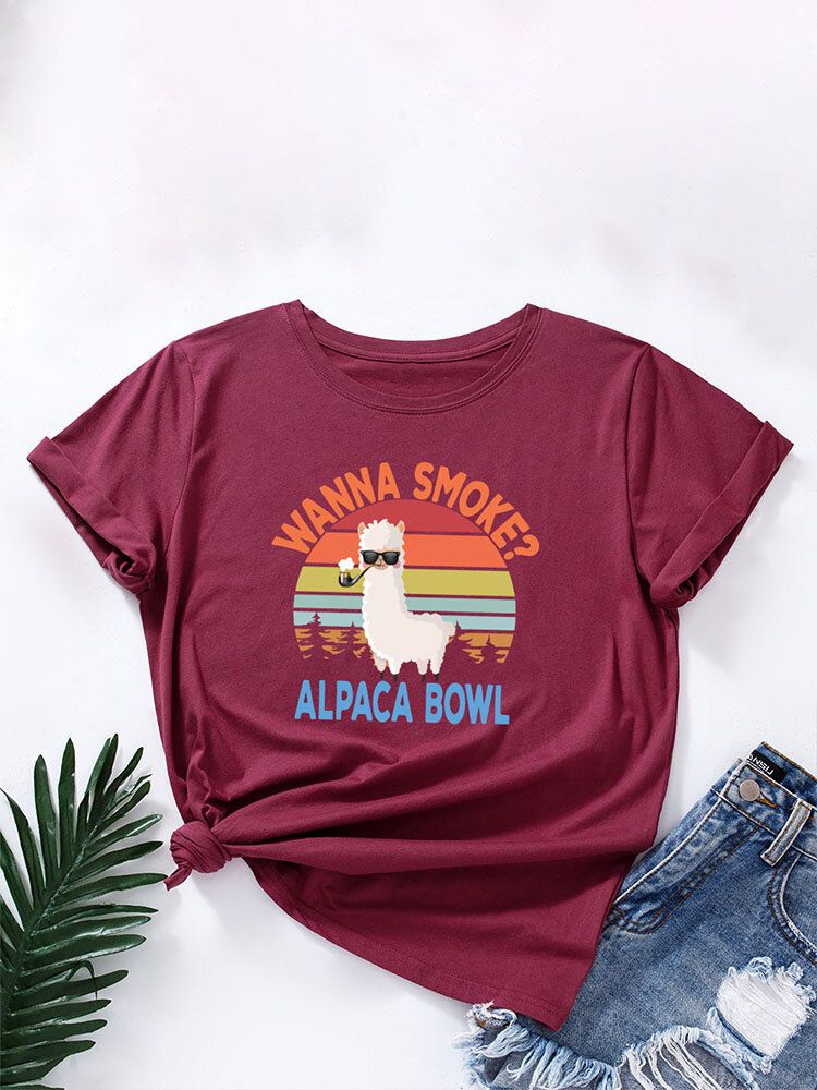 Rundhals-t-shirt Mit Cartoon-katzen-kaffee-buchstabendruck Für Frauen