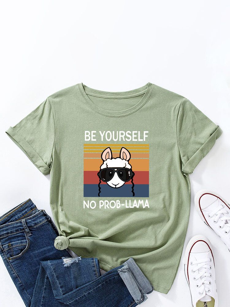 Rundhals-t-shirt Mit Cartoon-tier-slogan-print Für Damen