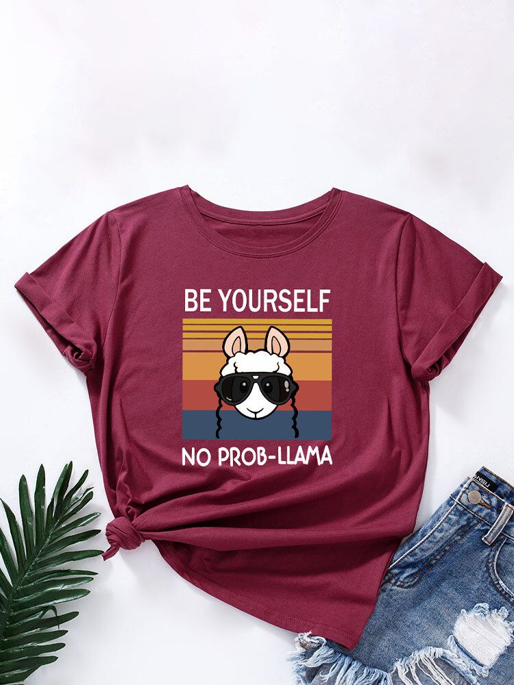 Rundhals-t-shirt Mit Cartoon-tier-slogan-print Für Damen