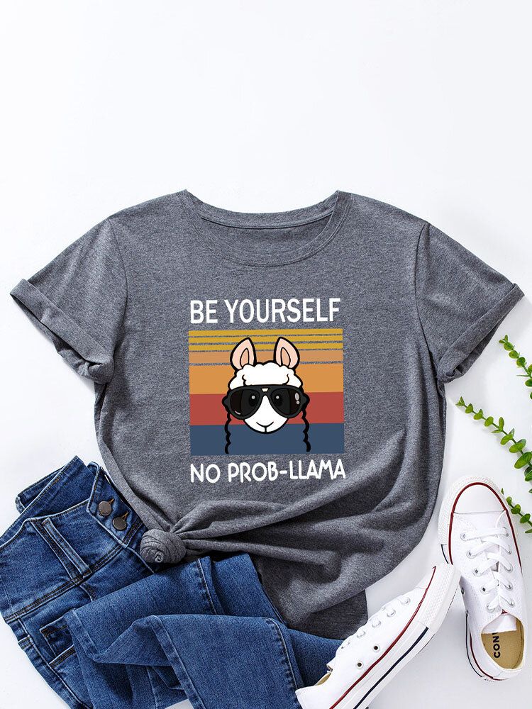 Rundhals-t-shirt Mit Cartoon-tier-slogan-print Für Damen