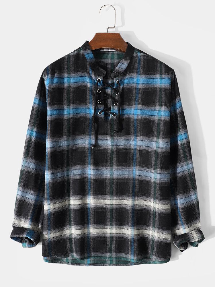 Herren Plaid Ombre Bandage Front Lässige Langarm-henley-shirts