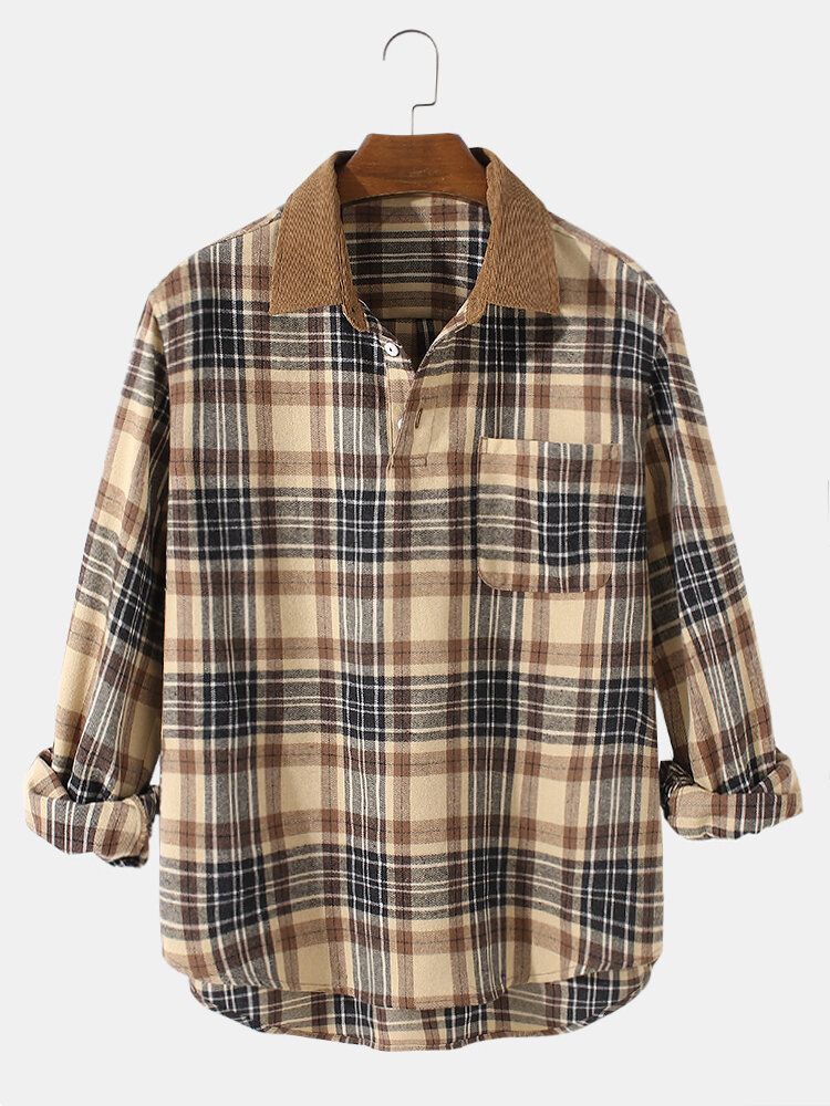 Herren Vintage Plaid Casual Fit Baumwolle Langarm-henley-hemden Mit Tasche