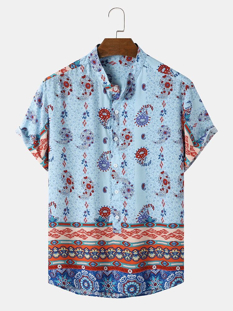 Kurzärmliges Henley-hemd Mit Ethnischem Paisley-print Für Herren Mit Stehkragen