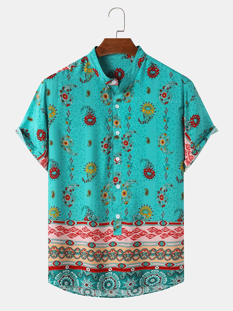 Kurzärmliges Henley-hemd Mit Ethnischem Paisley-print Für Herren Mit Stehkragen