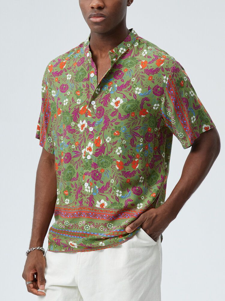 Kurzärmliges Henley-hemd Mit Stehkragen Floralem Paisley-print Für Herren