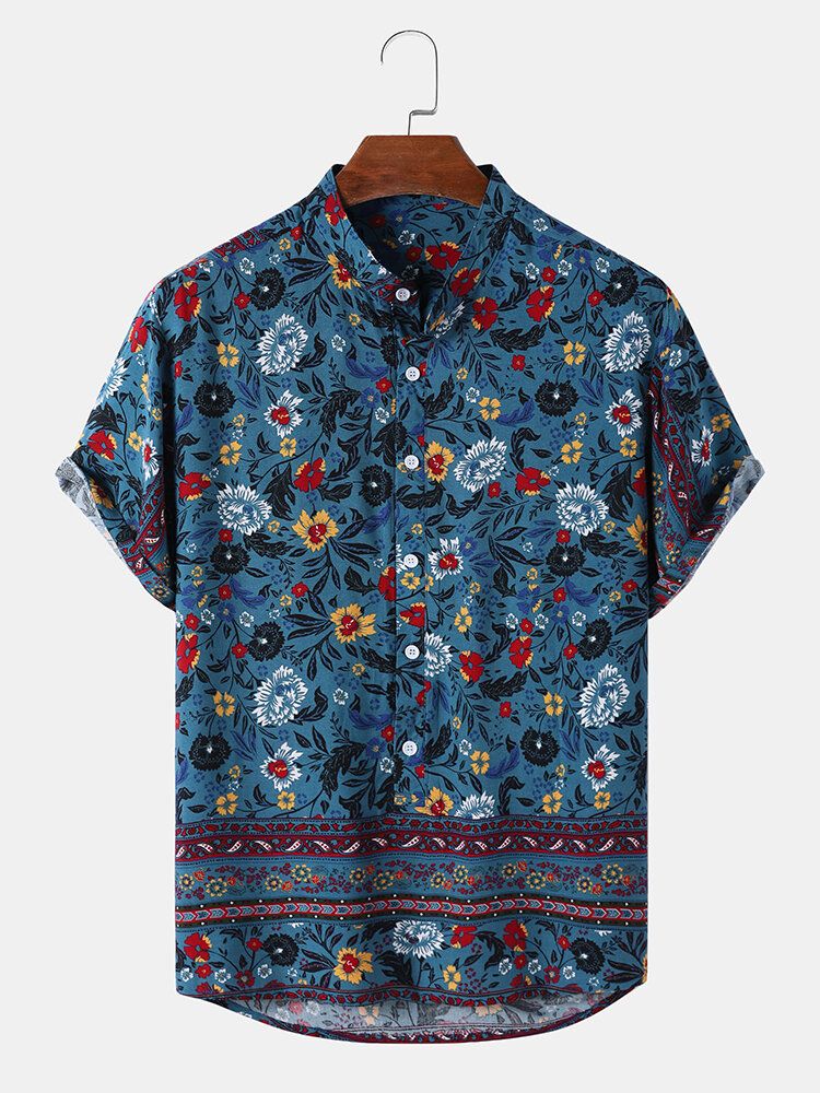 Kurzärmliges Henley-hemd Mit Stehkragen Floralem Paisley-print Für Herren