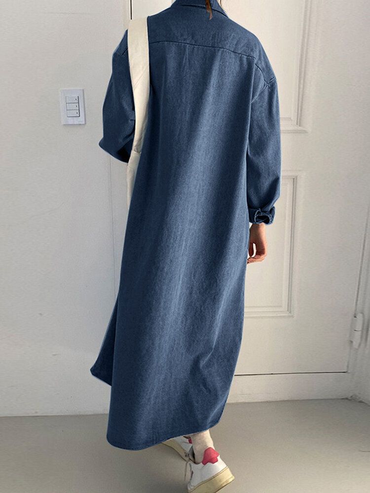 Einfarbiges Denim-hemdkleid Mit Knopftasche Und Lockerem Revers