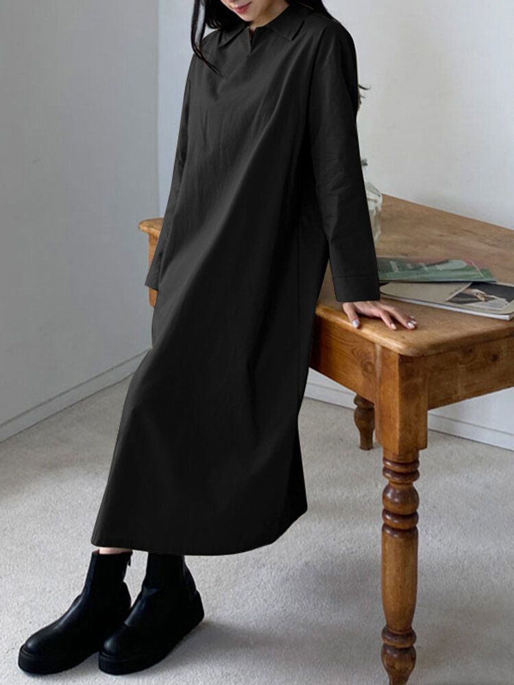 Festes Langarm-revers-freizeit-hemdkleid Für Damen