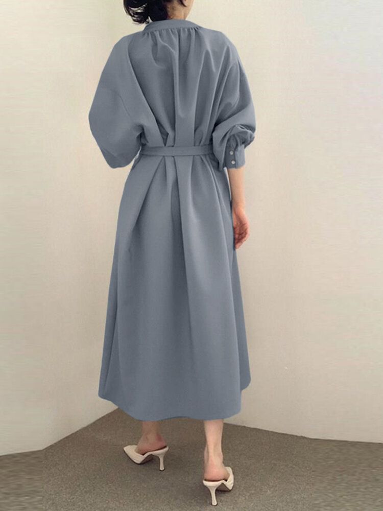 Hemdkleid Mit Lockerem Puffärmel Und V-ausschnitt Fester Gürtel