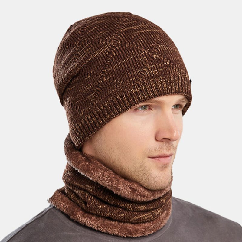 2 Stück Herren Herbst Winter Warm Gestrickt Baotou Mütze Schal Karo Muster Outdoor Radfahren Gehörschutz Winddicht Beanie Totenkopf Mütze