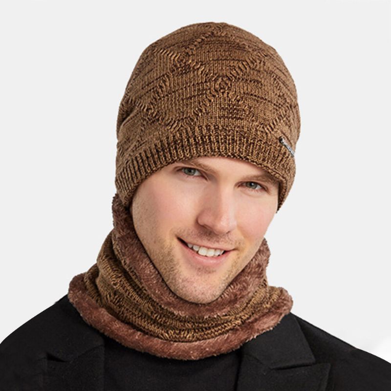 2 Stück Herren Herbst Winter Warm Gestrickt Baotou Mütze Schal Karo Muster Outdoor Radfahren Gehörschutz Winddicht Beanie Totenkopf Mütze