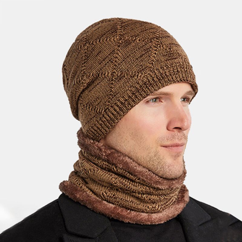 2 Stück Herren Herbst Winter Warm Gestrickt Baotou Mütze Schal Karo Muster Outdoor Radfahren Gehörschutz Winddicht Beanie Totenkopf Mütze