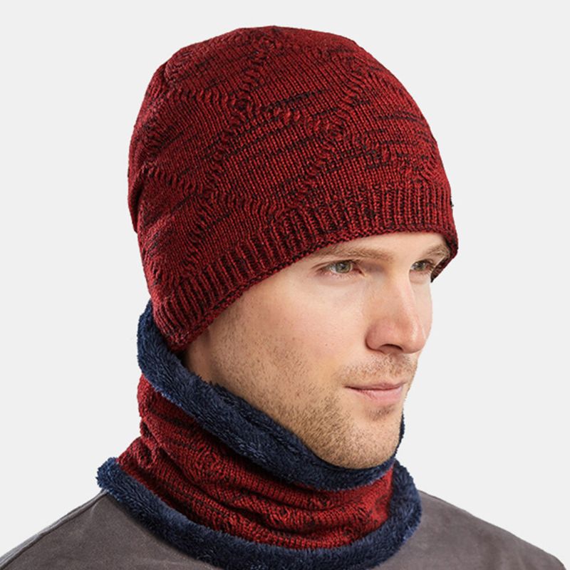 2 Stück Herren Herbst Winter Warm Gestrickt Baotou Mütze Schal Karo Muster Outdoor Radfahren Gehörschutz Winddicht Beanie Totenkopf Mütze