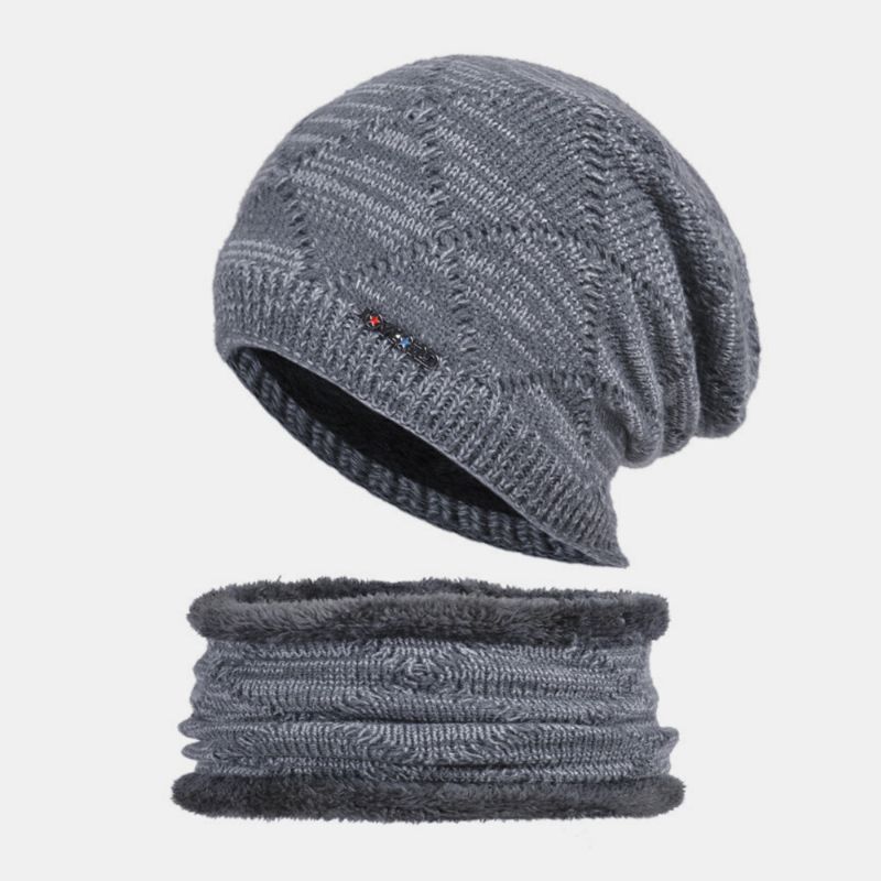 2 Stück Herren Herbst Winter Warm Gestrickt Baotou Mütze Schal Karo Muster Outdoor Radfahren Gehörschutz Winddicht Beanie Totenkopf Mütze