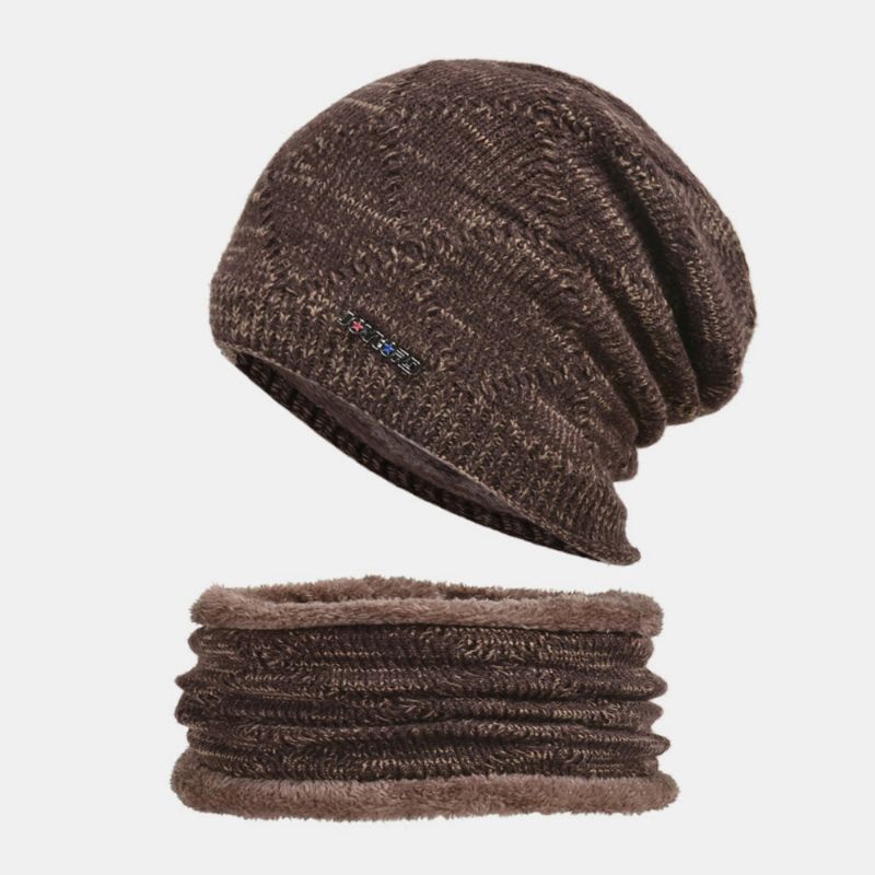 2 Stück Herren Herbst Winter Warm Gestrickt Baotou Mütze Schal Karo Muster Outdoor Radfahren Gehörschutz Winddicht Beanie Totenkopf Mütze