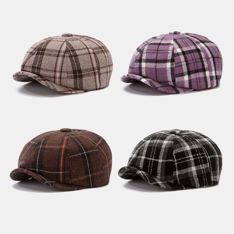 Ballonmützen Für Herren Britisches Retro-farbgitter Winddicht Warm 8-panel-malerhut Achteckiger Hut