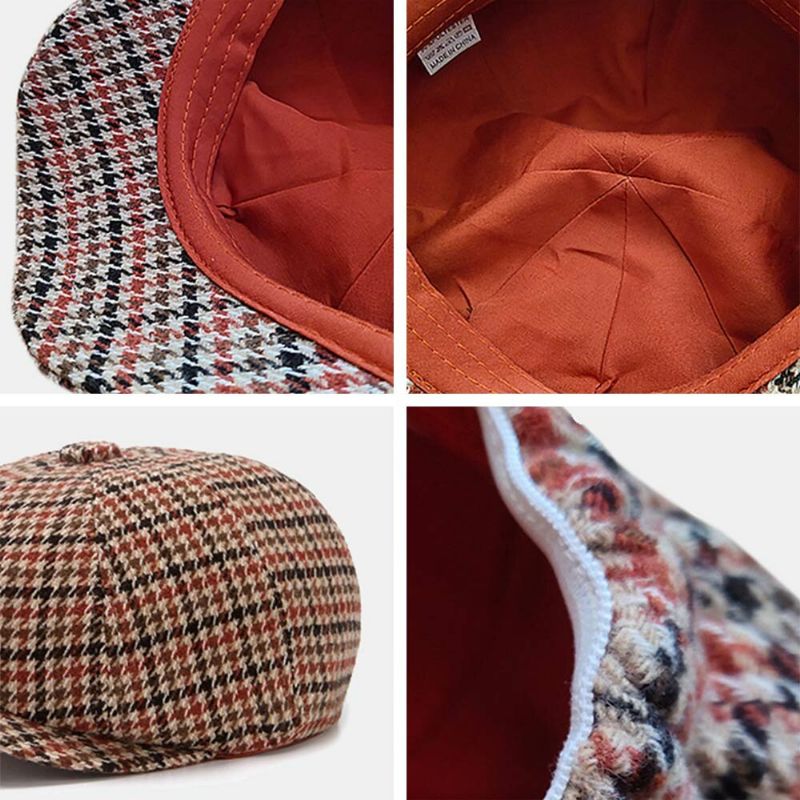 Ballonmützen Für Herren British Retro Houndstooth Striped Dome Octagonal Hat Cabbie Hat