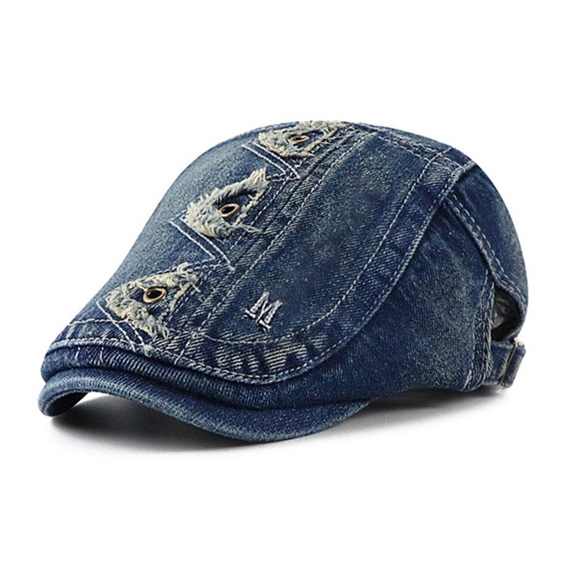 Collrown Herren Denim Distressed Ausgefranst Atmungsaktiver Sonnenschirm Kurze Krempe Lässige Vintage Forward Hüte Baskenmütze Schiebermützen