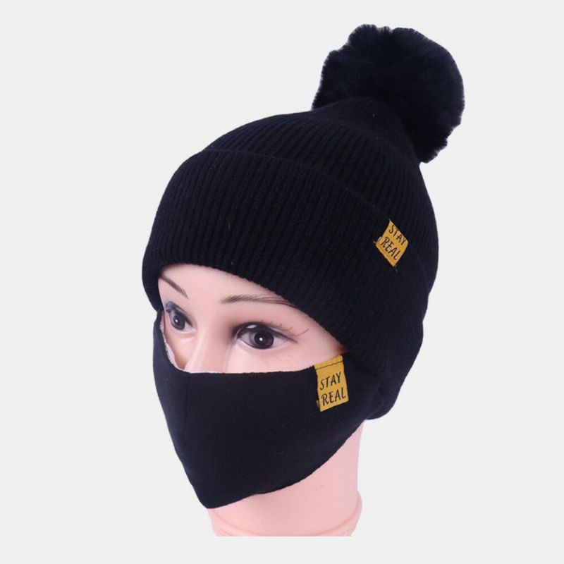 Damen 2 Stück Wolle Winter Warm Halten Alltag Freizeit Hals Gesichtsschutz Fluff Ball Strickmütze Beanie Maske