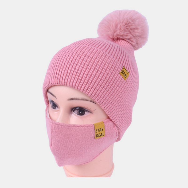 Damen 2 Stück Wolle Winter Warm Halten Alltag Freizeit Hals Gesichtsschutz Fluff Ball Strickmütze Beanie Maske