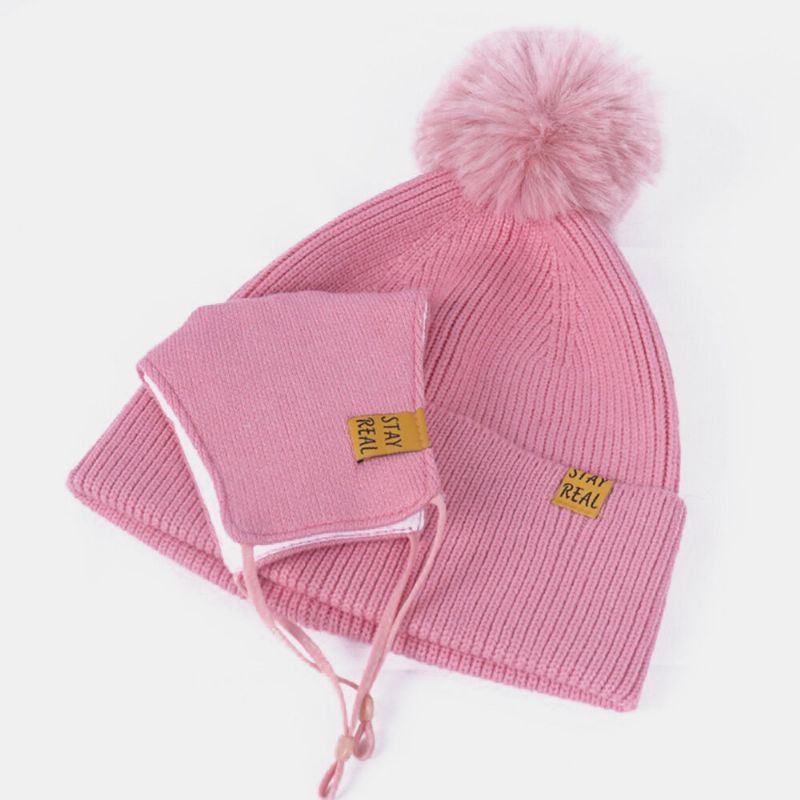 Damen 2 Stück Wolle Winter Warm Halten Alltag Freizeit Hals Gesichtsschutz Fluff Ball Strickmütze Beanie Maske