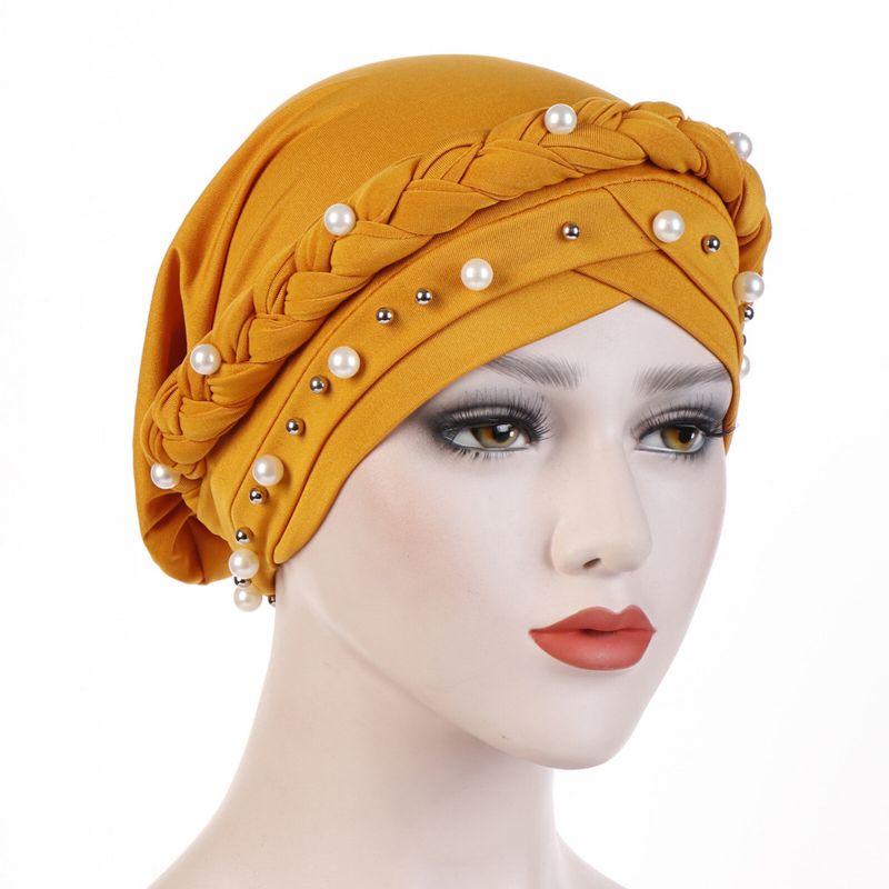 Damen Baumwolle Multi Color Fest Lässiger Sonnenschirm Weiße Perle Dekor Seitengeflecht Baotou Mützen Beanie Mützen