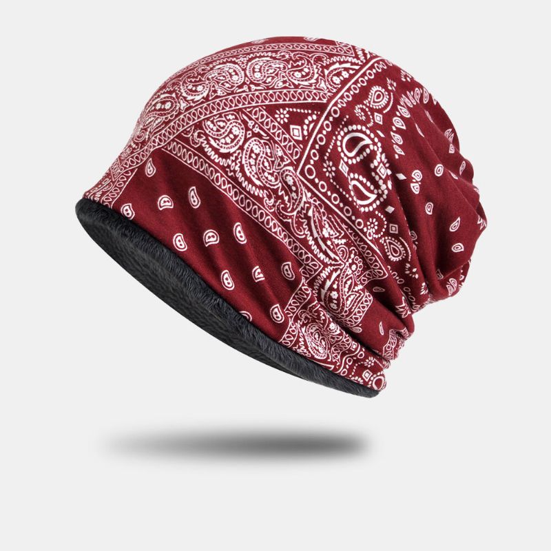 Damen Baumwolle Plus Samt Dual-use Vintage Cashew Blumen Print Winddicht Wärme Lätzchen Schal Beanie Mütze Baotou Mütze