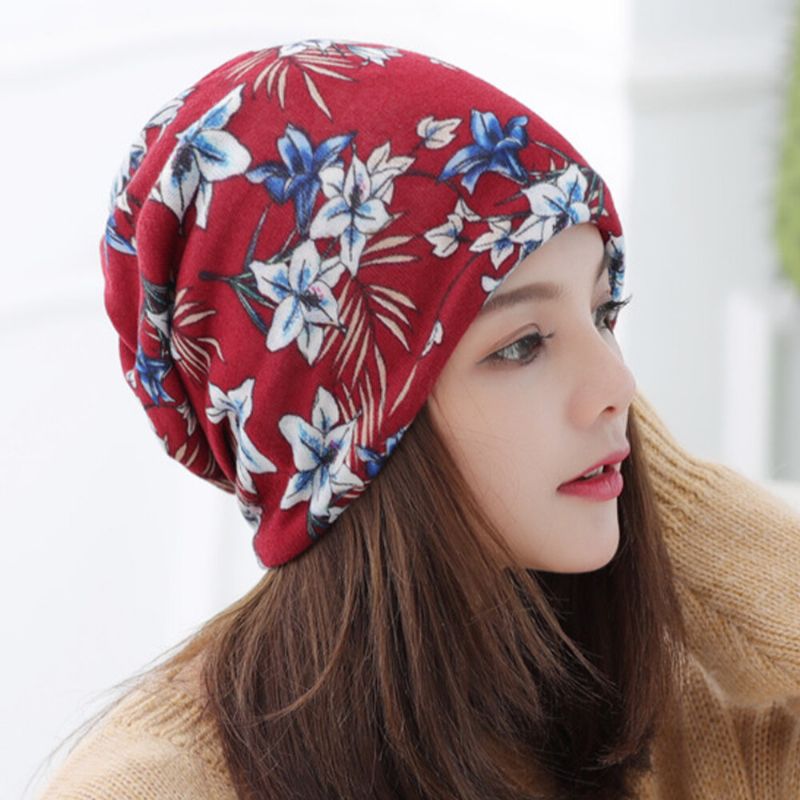 Damen Cashmere Colored Floral Pattern Casual Dual-use Neck Protection Brimless Beanie Strickmütze