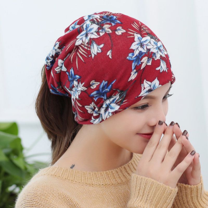 Damen Cashmere Colored Floral Pattern Casual Dual-use Neck Protection Brimless Beanie Strickmütze