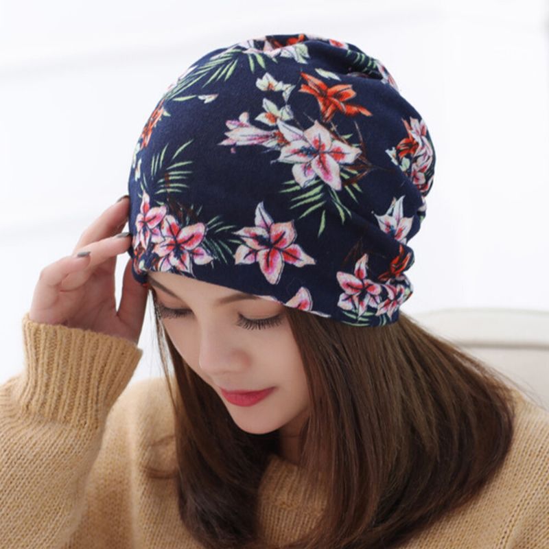 Damen Cashmere Colored Floral Pattern Casual Dual-use Neck Protection Brimless Beanie Strickmütze