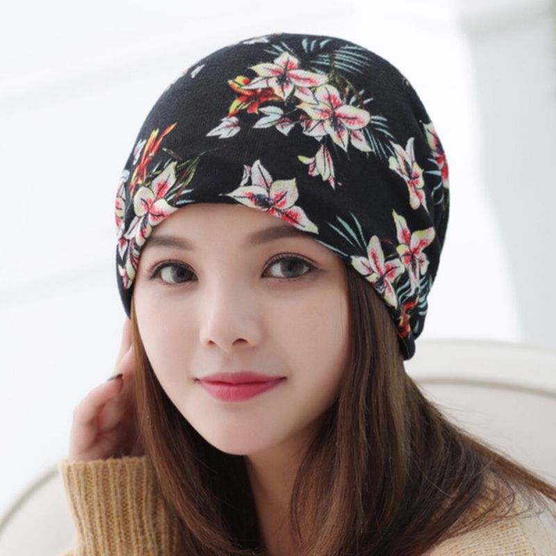 Damen Cashmere Colored Floral Pattern Casual Dual-use Neck Protection Brimless Beanie Strickmütze