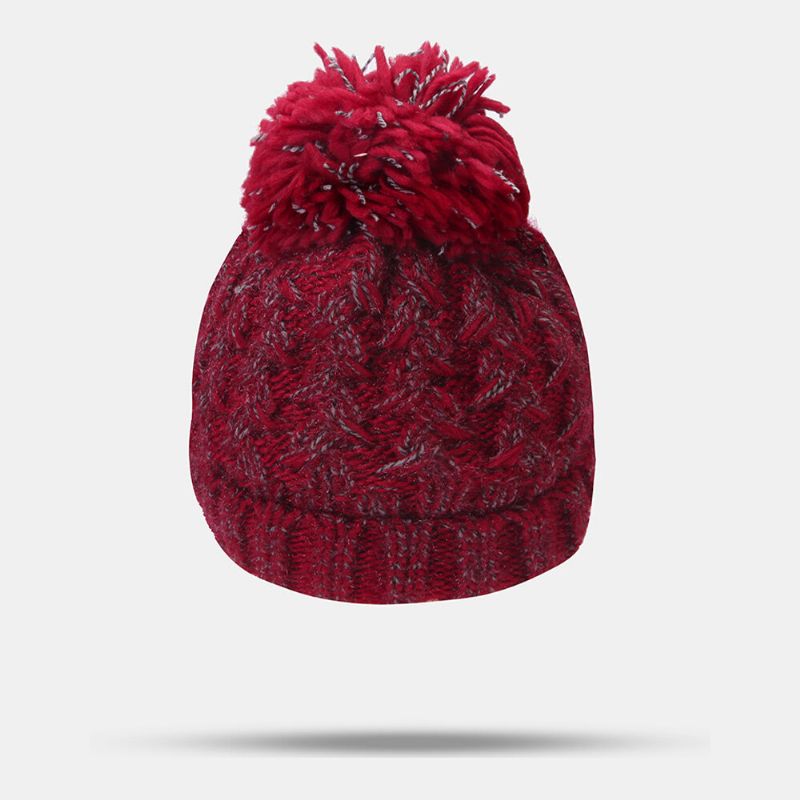 Damen Gemischte Farbe Gestrickt Plus Samt Verdicken Flauschige Ballwärme Ohrenschutz Beanie Mütze