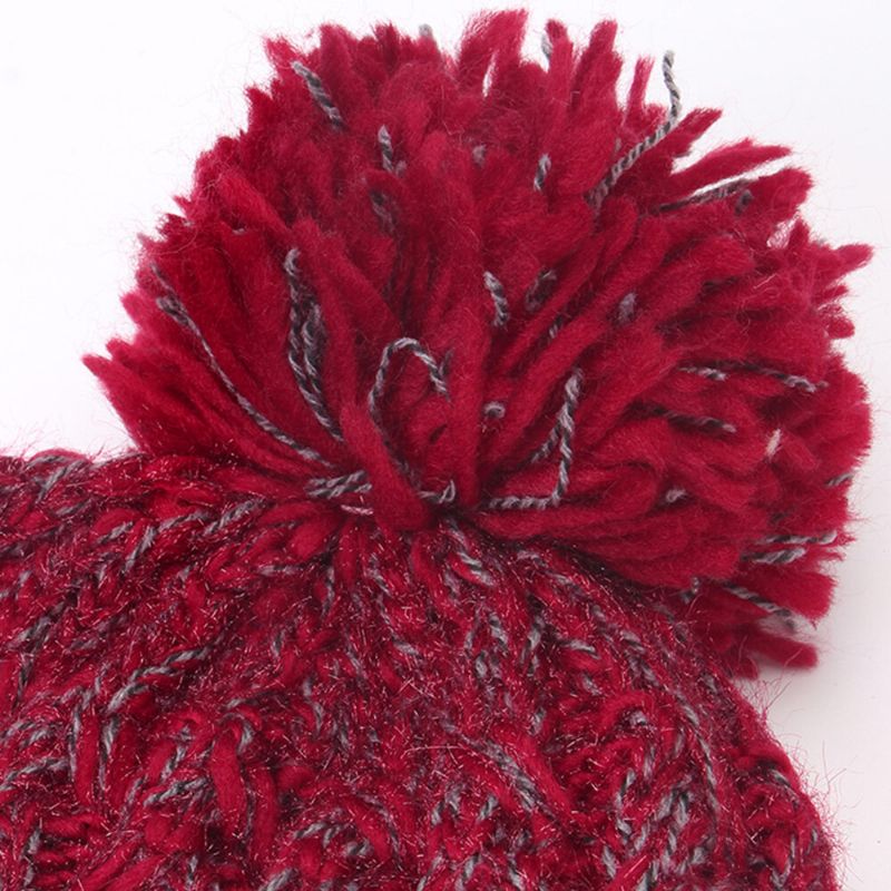 Damen Gemischte Farbe Gestrickt Plus Samt Verdicken Flauschige Ballwärme Ohrenschutz Beanie Mütze