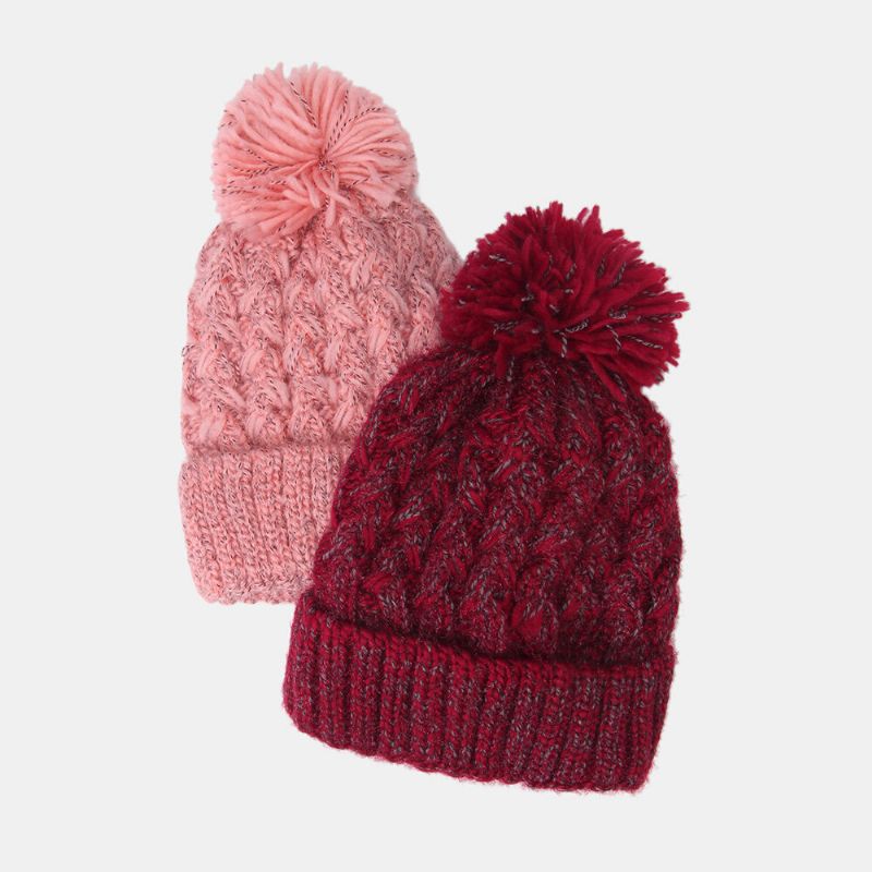 Damen Gemischte Farbe Gestrickt Plus Samt Verdicken Flauschige Ballwärme Ohrenschutz Beanie Mütze