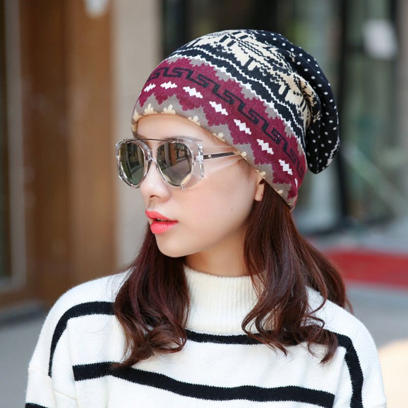 Damen Kaschmir Mehrzweck-ethno-stil Muster Kontrastfarbe Hält Warm Outdoor Beanie Turban Schal