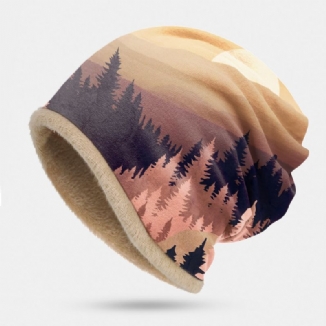 Damen Plus Samt Mountain Treetop Print Pattern Weiche Persönlichkeit Atmungsaktive Turban Cap Beanie