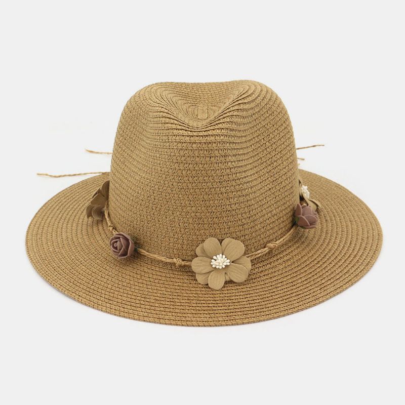 Damen Sonnenschutz Reise Strand Sonnenhut Blumenschmuck Eleganter Jazzhut Strohhut