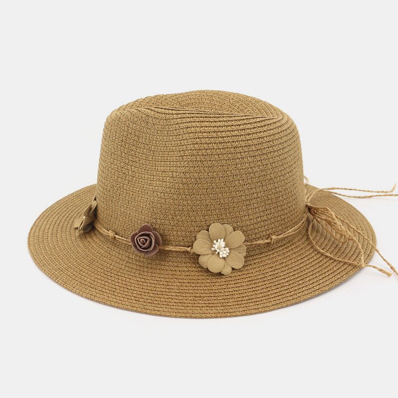 Damen Sonnenschutz Reise Strand Sonnenhut Blumenschmuck Eleganter Jazzhut Strohhut