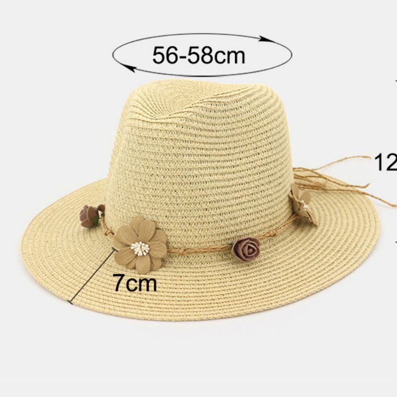 Damen Sonnenschutz Reise Strand Sonnenhut Blumenschmuck Eleganter Jazzhut Strohhut