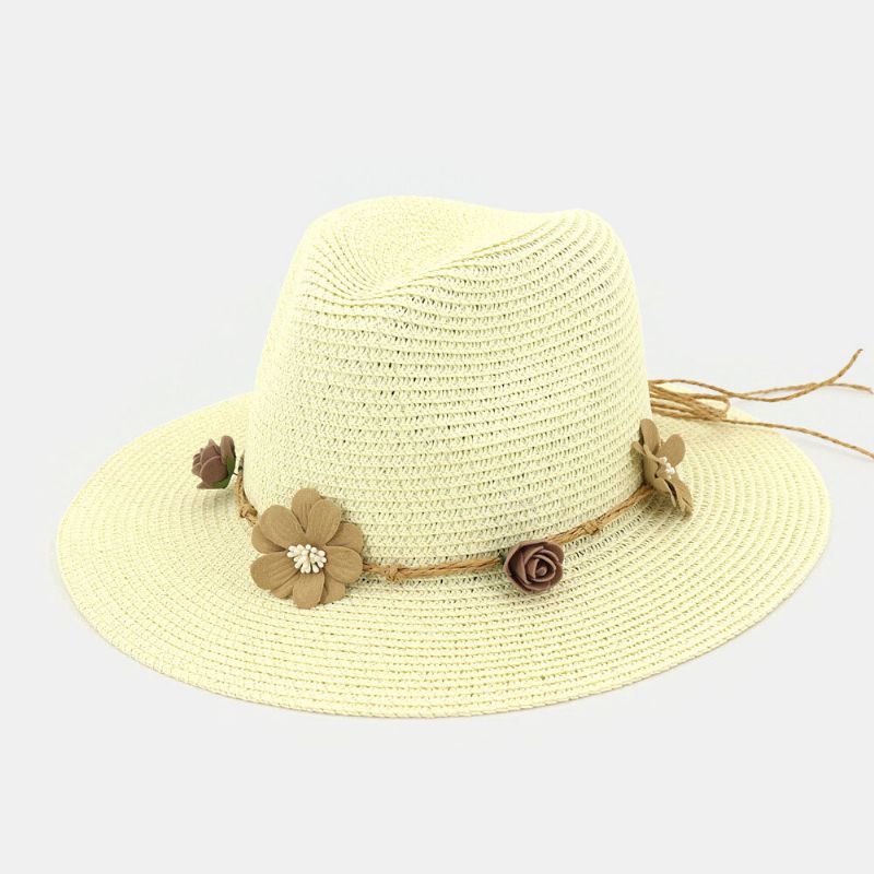 Damen Sonnenschutz Reise Strand Sonnenhut Blumenschmuck Eleganter Jazzhut Strohhut