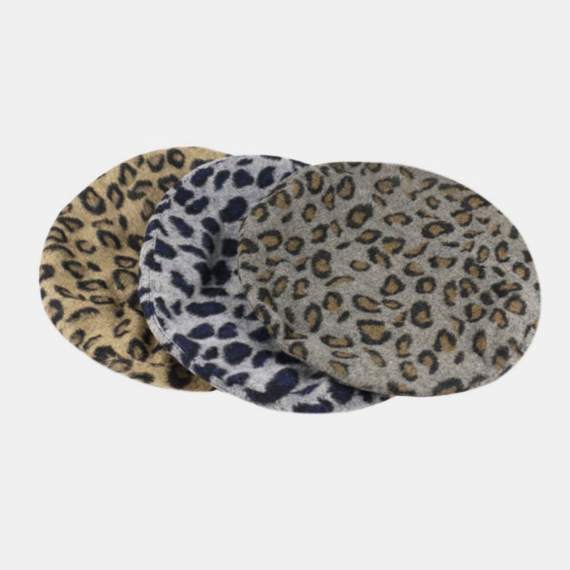 Damen Wolle Leopard Warmer Retro Malerhut Baskenmütze Hut Achteckiger Hut Flacher Hut