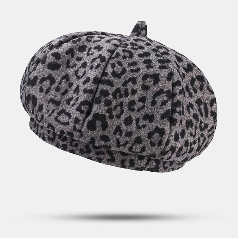 Damen Woolen Warm Young All-match Leopard Pattern Painter Hat Newsboy Hat Octagonal Hat Barett Hat